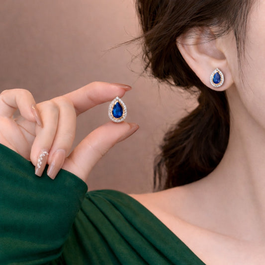 Azure Teardrop Diamond Halo Stud Earrings